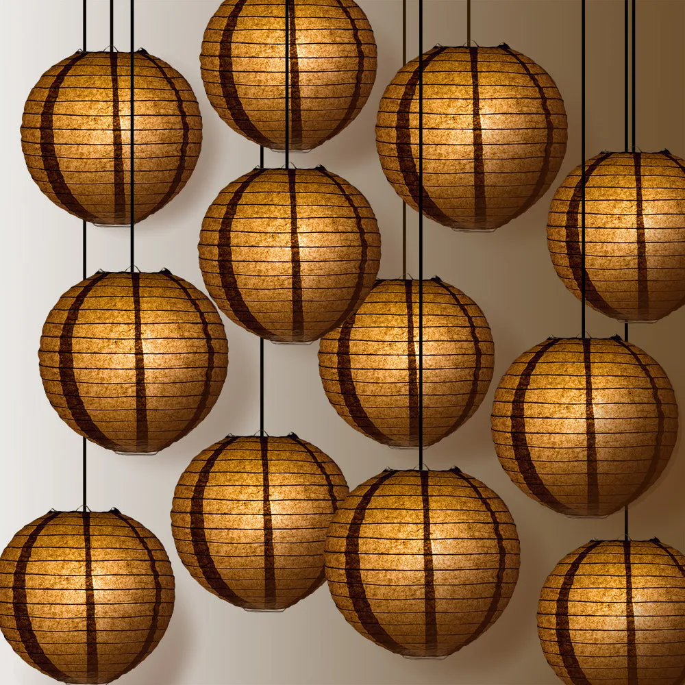 12 PACK | Brown Even Ribbing Round Paper Lantern, Hanging Combo Set