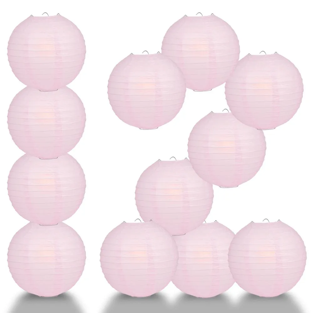 12 PACK | Pink Even Ribbing Round Paper Lantern, Hanging Combo Set