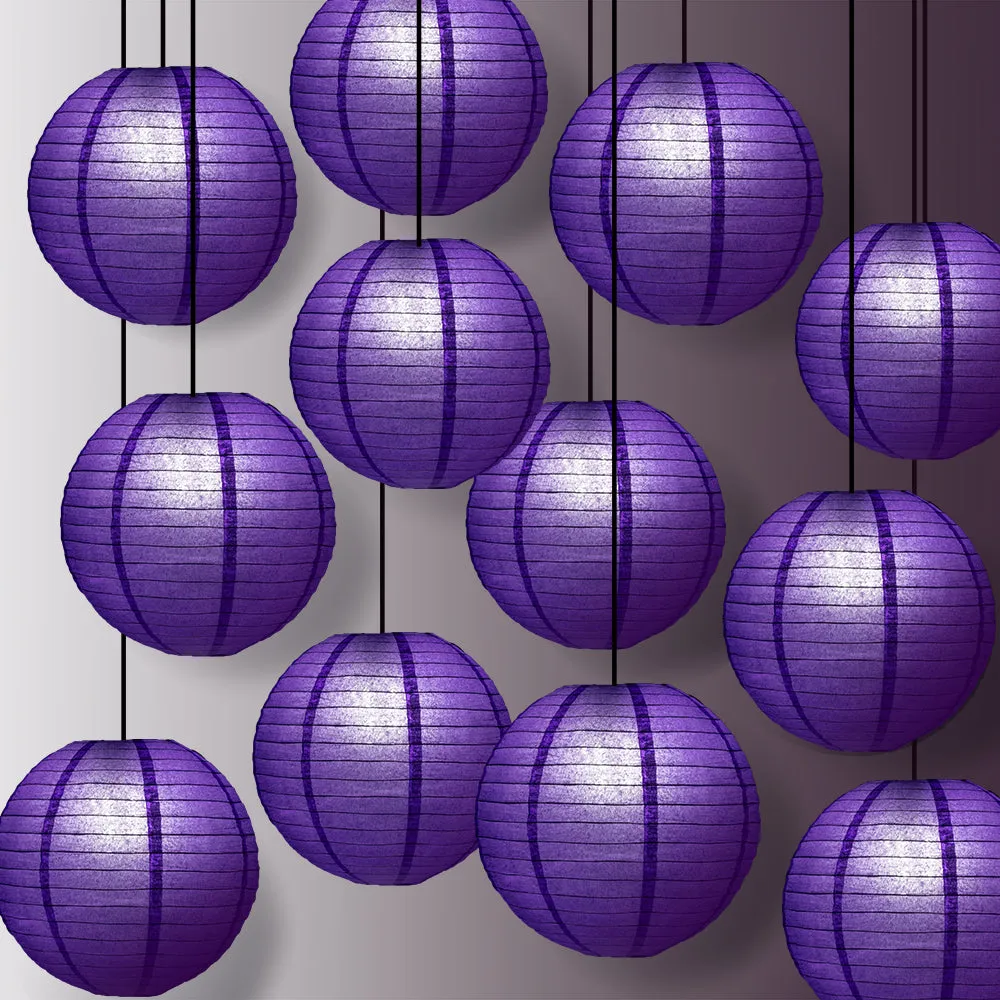 12 PACK | Plum Purple Even Ribbing Round Paper Lantern, Hanging Combo Set