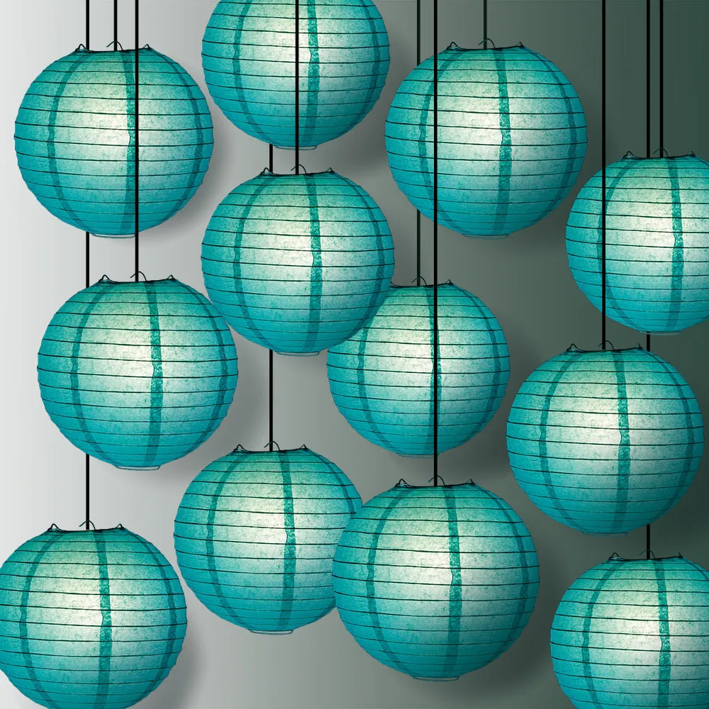 12 PACK | Teal Green Even Ribbing Round Paper Lantern, Hanging Combo Set