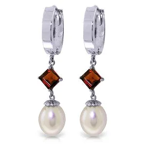 9.5 Carat 14K Solid White Gold Hoop Earrings Natural Pearl Garnet