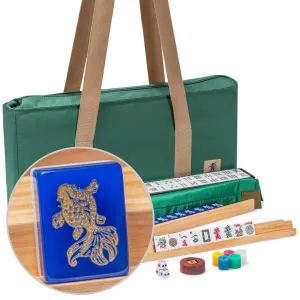 American Mahjong Set, "Koi Fish" with Green Soft Case, Four Wooden All-in-One Racks with Pushers, Wind Indicator, Dice, Scoring Coins