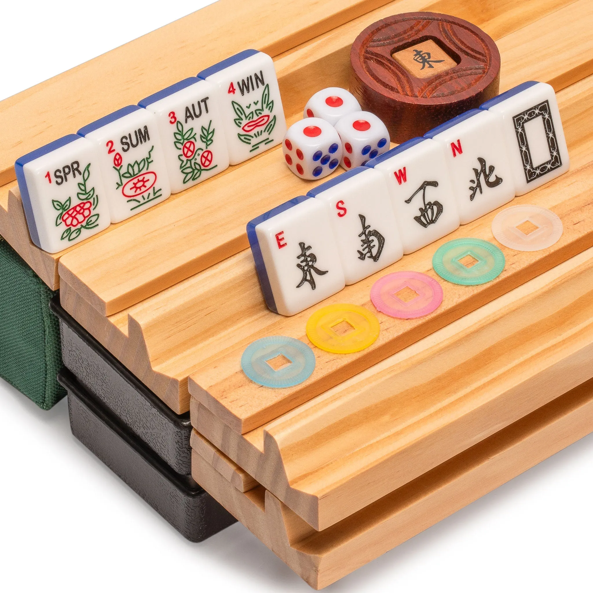 American Mahjong Set, "Koi Fish" with Green Soft Case, Four Wooden All-in-One Racks with Pushers, Wind Indicator, Dice, Scoring Coins