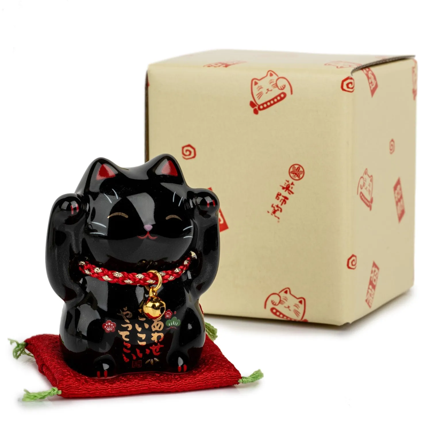 Black Good Health Japanese Lucky Cat and Red Cushion