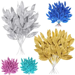 Bulk Artificial Glitter Leaf Floral Turquoise Leaf Pick for Christmas Tree DIY Wreath Crafts Gift Wholesale