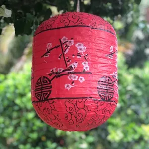 CLEARANCE SALE - Cherry blossoms and birds red paper lantern (cylinder 25 x 35cm)