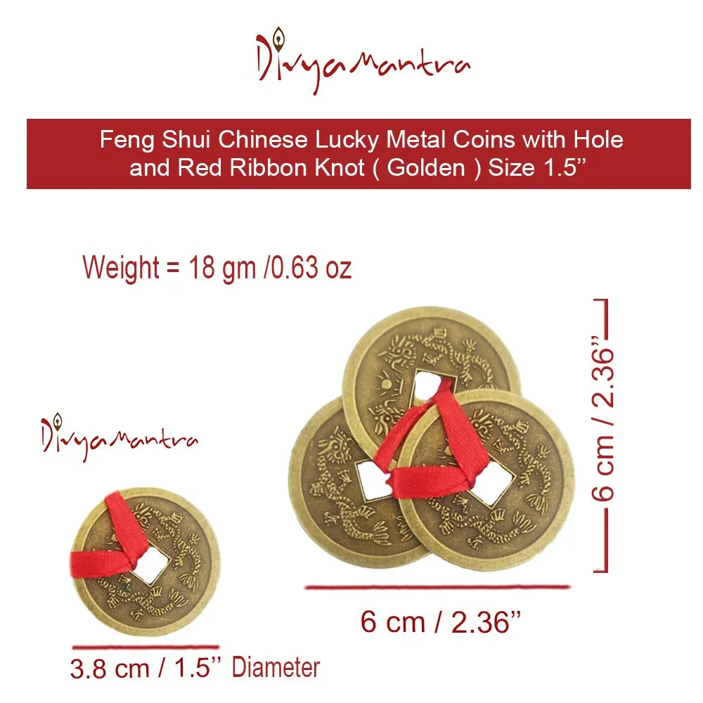 Divya Mantra Feng Shui Chinese Lucky Fortune I-Ching Dragon Coin Ornaments Wealth Charm Amulet 3 Bronze Metal Coins with Hole & Red Ribbon Knot for Good Money Luck, Decoration Charms Set of 7 – Golden