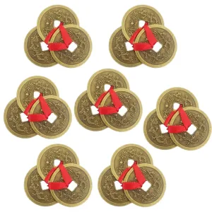 Divya Mantra Feng Shui Chinese Lucky Fortune I-Ching Dragon Coin Ornaments Wealth Charm Amulet 3 Bronze Metal Coins with Hole & Red Ribbon Knot for Good Money Luck, Decoration Charms Set of 7 – Golden