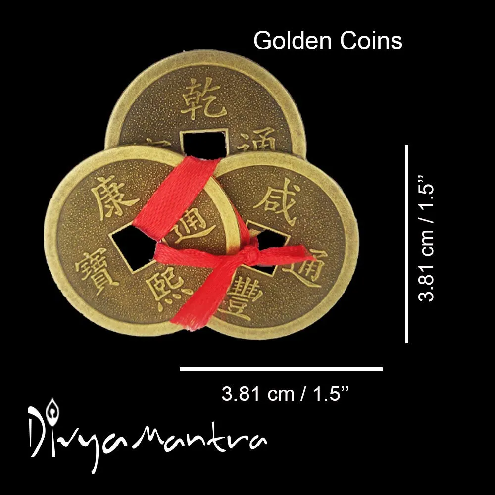 Divya Mantra Feng Shui Chinese Lucky Fortune I-Ching Dragon Coin Ornaments Wealth Charm Amulet 3 Bronze Metal Coins with Hole & Red Ribbon Knot for Good Money Luck, Decoration Charms Set of 7 – Golden