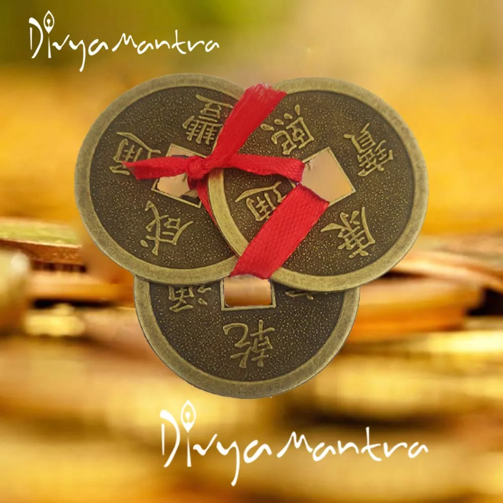 Divya Mantra Feng Shui Chinese Lucky Fortune I-Ching Dragon Coin Ornaments Wealth Charm Amulet 3 Bronze Metal Coins with Hole & Red Ribbon Knot for Good Money Luck, Decoration Charms Set of 7 – Golden