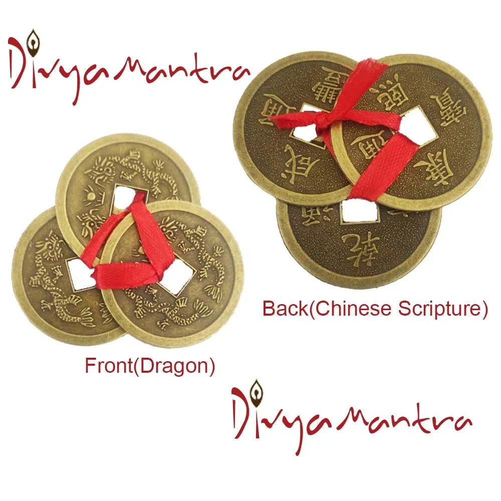 Divya Mantra Feng Shui Chinese Lucky Fortune I-Ching Dragon Coin Ornaments Wealth Charm Amulet 3 Bronze Metal Coins with Hole & Red Ribbon Knot for Good Money Luck, Decoration Charms Set of 7 – Golden