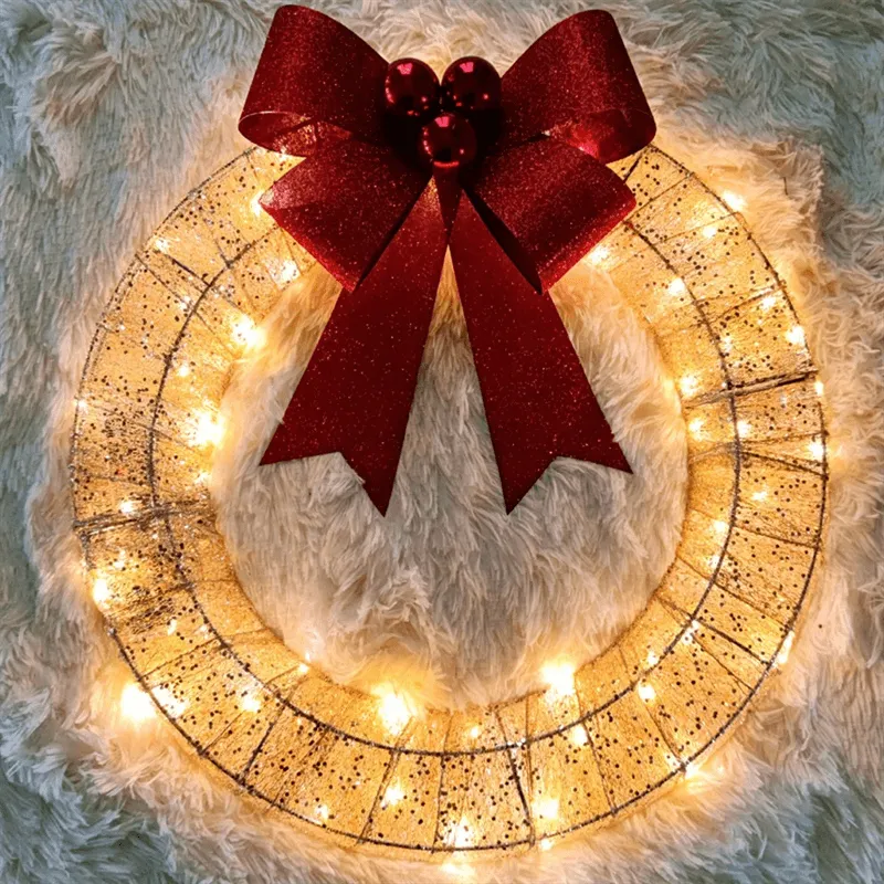 Elegant Gold and Green Christmas Wreath - 20-Inch Holiday Decoration with LED Lights