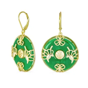 Good Fortune Circle Butterfly Green Jade Drop Earrings Gold Plated