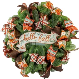 Hello Fall Welcome Autumn Thanksgiving Front Door Outdoor Mesh Wreath; Moss Green Orange Brown