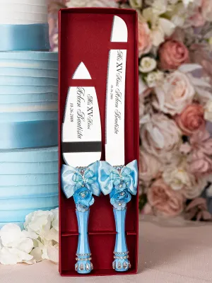 Light blue with butterflies Quinceanera cake knife and server