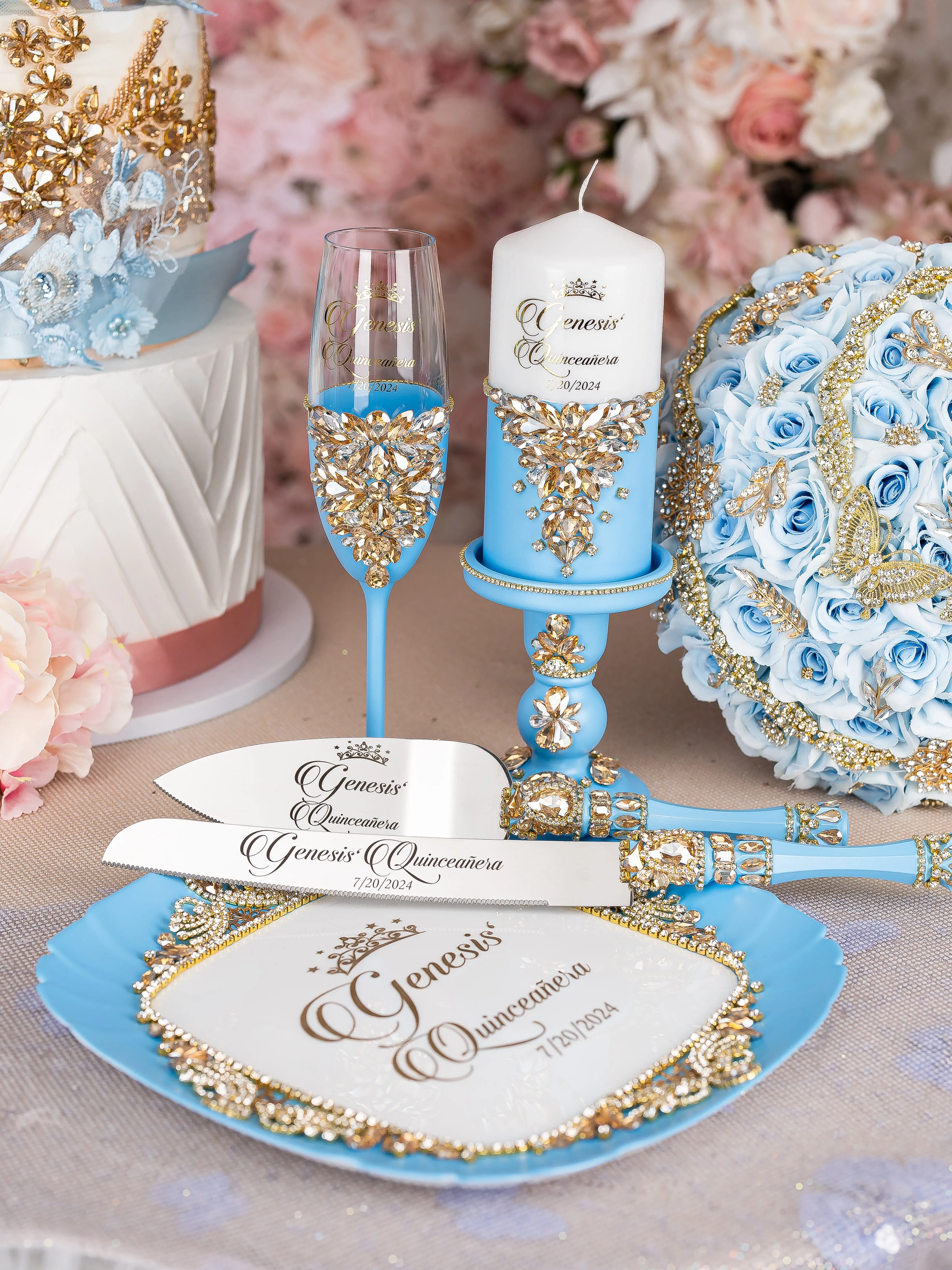 Light Blue with Gold quinceanera guest book