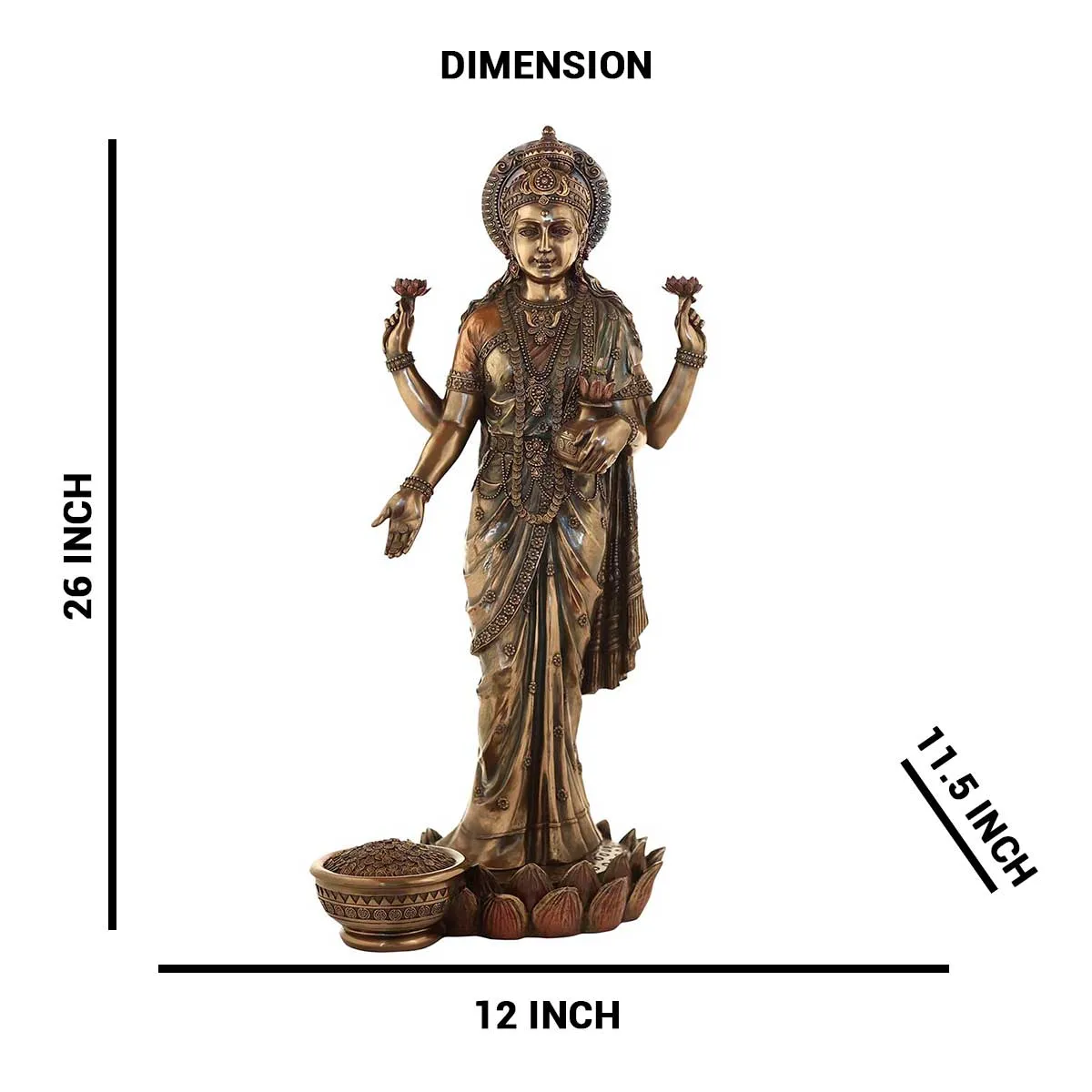 Lord Laxmi  Standing With loutas Made of Bronze Composite - 12 x 11.5 x 26 Inch, 5.7 Kg