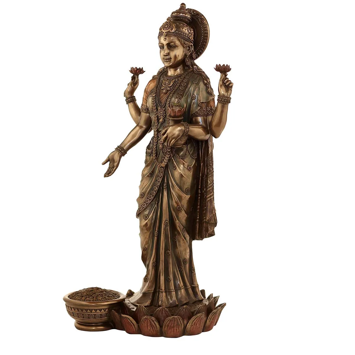 Lord Laxmi  Standing With loutas Made of Bronze Composite - 12 x 11.5 x 26 Inch, 5.7 Kg