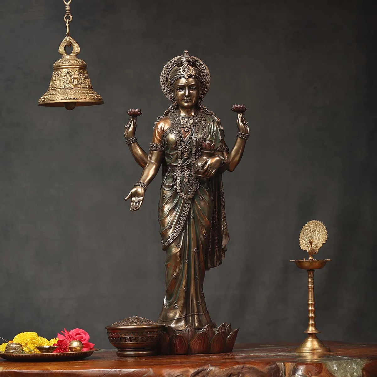 Lord Laxmi  Standing With loutas Made of Bronze Composite - 12 x 11.5 x 26 Inch, 5.7 Kg