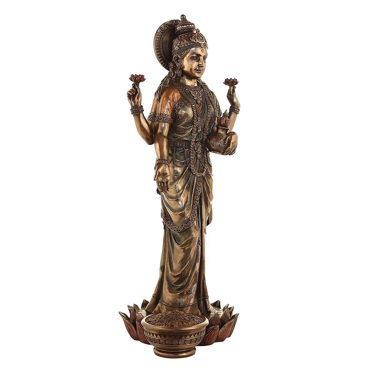 Lord Laxmi  Standing With loutas Made of Bronze Composite - 12 x 11.5 x 26 Inch, 5.7 Kg