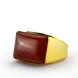 Men's Ring in 14k Yellow Gold with Natural Red Agate Gemstone