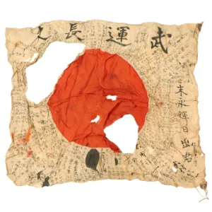 Original Japanese WWII Battle Damaged and Stained Hand Painted Cloth Good Luck Flag With Lots of Signatures - 27 x 33”