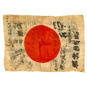 Authentic WWII Japanese Battle-Damaged Good Luck Flag, Hand-Painted with Numerous Signatures, 38 x 26.5