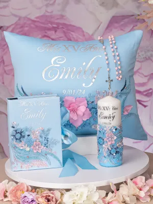 quinceanera kneeling pillow, mi quinceanera church candle, quince bible and rosary