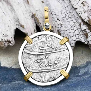 Taj Mahal Sunken Treasure - Arthur C Clarke's 1702 Shipwreck 1 Rupee Silver Coin 14K Gold and Sterling Pendant | Artifact #8423